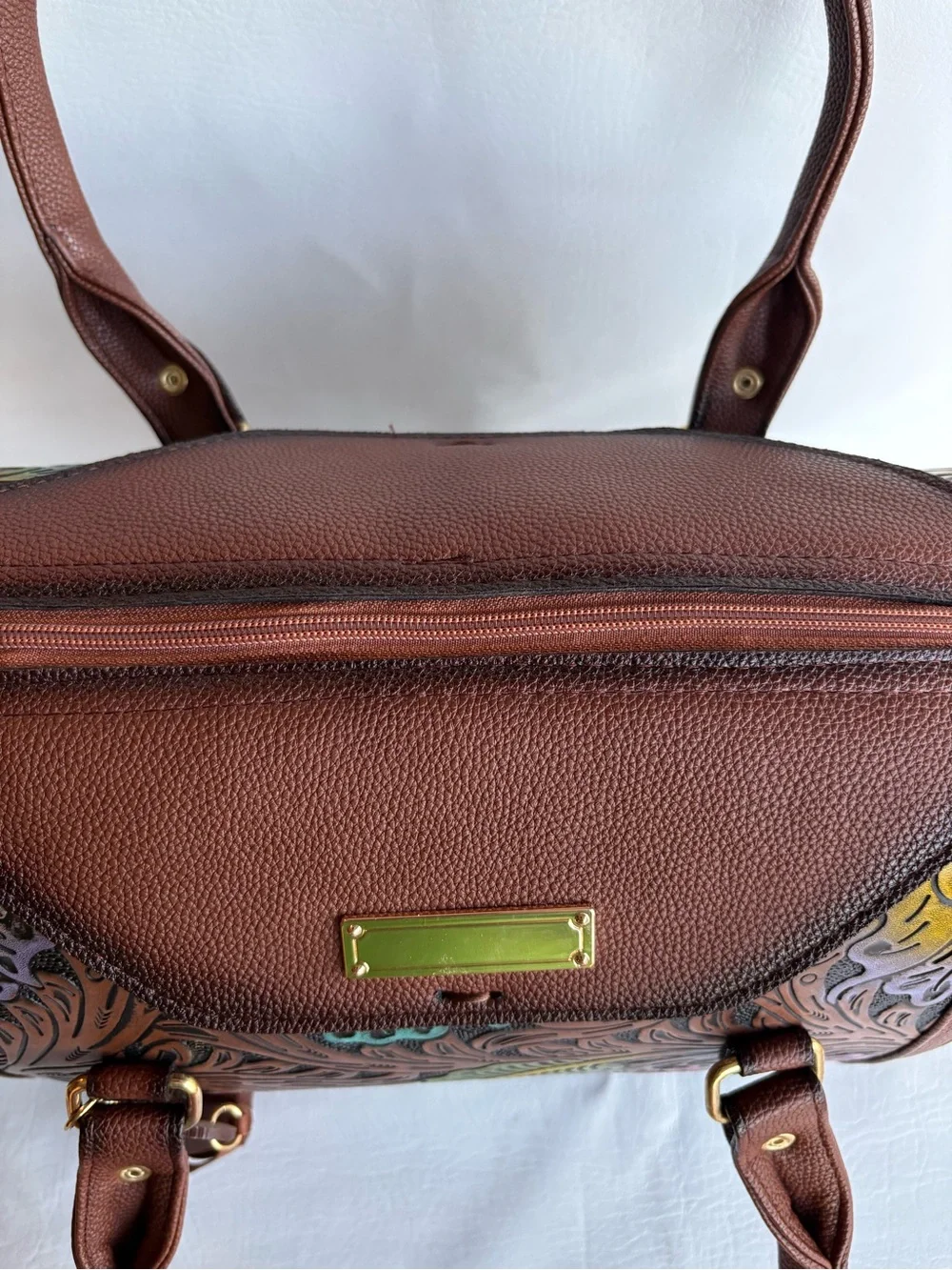 Artisanal Handmade Tooled Vegan Leather Satchel Brown handbag Women Floral